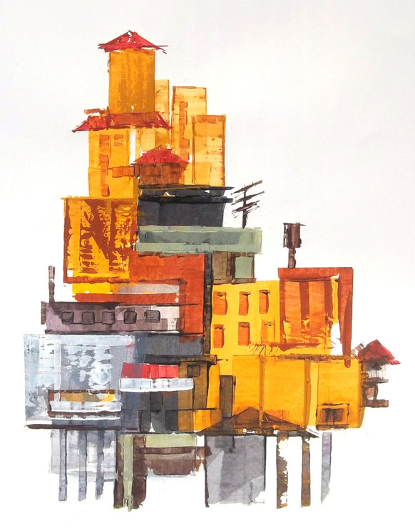 abstract city, brown, yellow, abstract, Ramesh, architect, old building, modern painting, rustic colour painting, mild colour painting,The City 9,ART_1380_11522,Artist : Ramesh AR,Acrylic