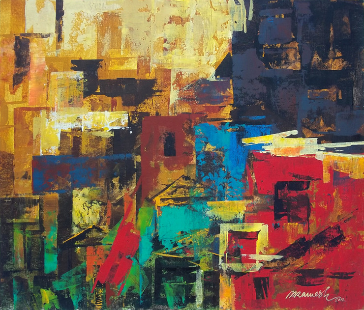 abstract painting, city, modern art, cityscape, landscape, Ramesh, artwork,The City 3,ART_1380_11511,Artist : Ramesh AR,Acrylic