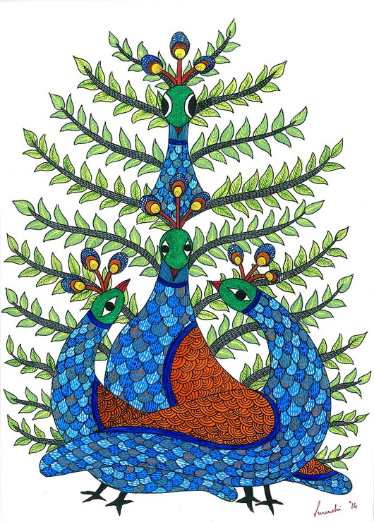 peacock, bird, leaves,forest,jungle,colorful,vibrant, gond, tribal, folk,4 peacocks,ART_283_6269,Artist : Suruchi Agarwal,Acrylic