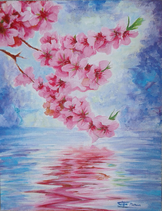 cherry blossom, Pink, blue, floral, water,Beautiful cherry blossoms,ART_1292_11966,Artist : Shilpa Mathur,Acrylic