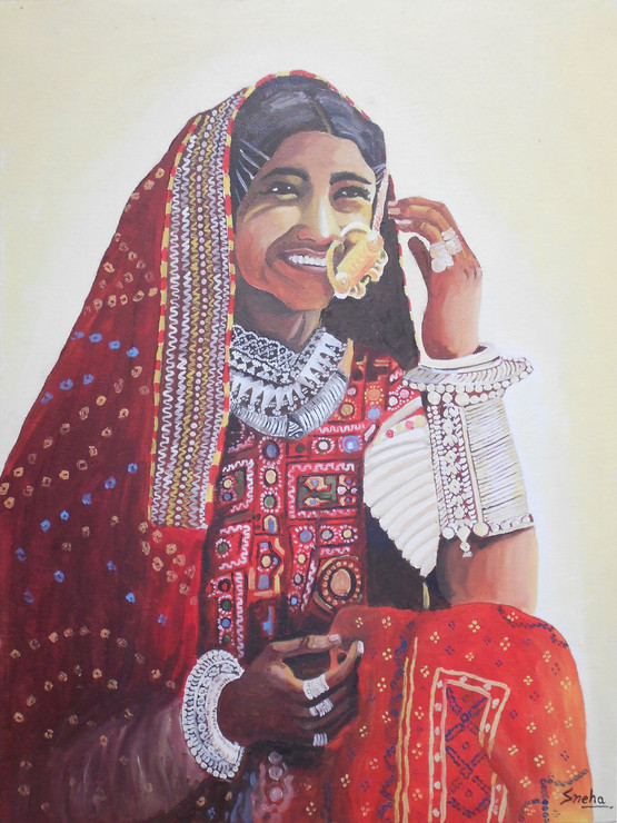 Potrait, Rajasthani lady, oil painting,Banjaran with traditional attire,ART_1455_11968,Artist : SNEHA SNEHA,Oil