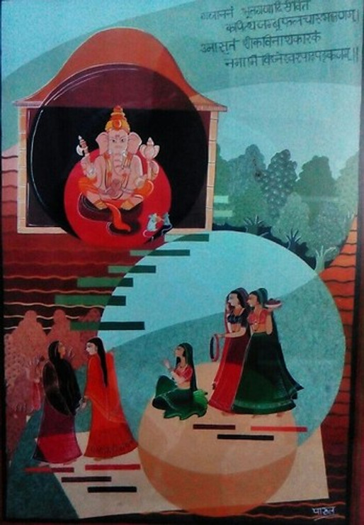 ganesha,Prayer,Women,Indian ,Indian miniature showing girl going for prayer,ART_1454_12037,Artist : Sudha  Sharma,Water Colors