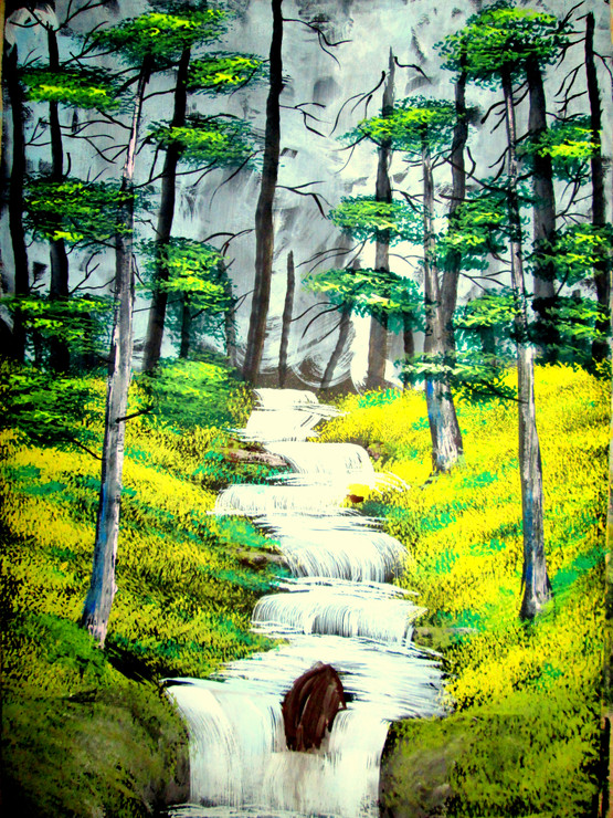 Beautiful waterfall (ART_1456_11932) - Handpainted Art Painting - 12in X 17in