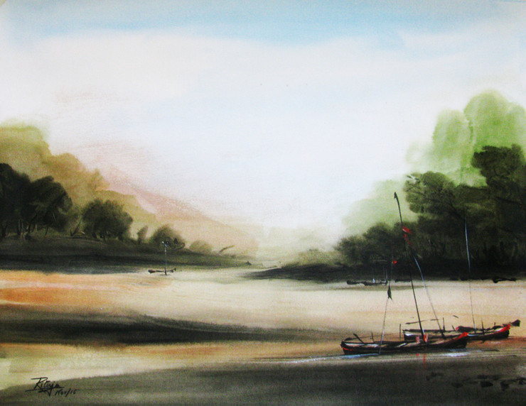 Boat, sea, seascape, scenery, black and white, water colors, paper,Voyage-01,ART_1268_10959,Artist : Rituja  Gayen,Water Colors