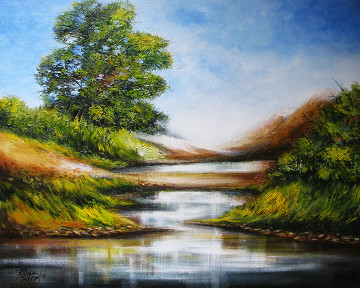 landscape, seascape, trees, forest, river, ,Serenity,ART_1268_10958,Artist : Rituja  Gayen,Acrylic