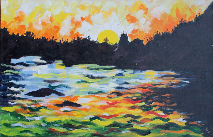 sun rise,nature, brush storkes,Sunrise in Hampi,ART_1489_12096,Artist : Radhika Ulluru,Acrylic