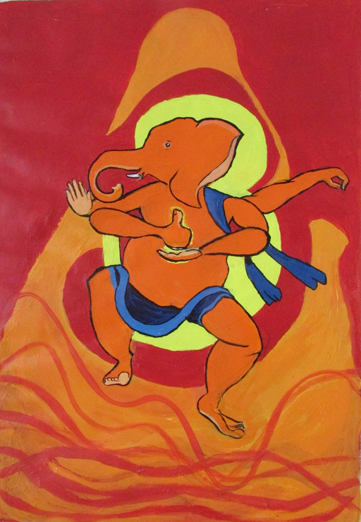religious painting, red, orange shade painting, ganesha painting,Ganesha's Dance Linga Mudra,ART_88_10994,Artist : Thiruvikraman Ramadoss,Acrylic