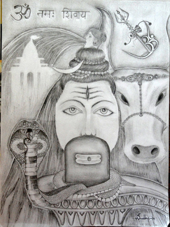 Lord, Shiva, God, Symbolic, Spiritual, Religious, Shankar, Snake, Nandi,Lord Symbolic,ART_1520_12237,Artist : Vasudha K,Pencil
