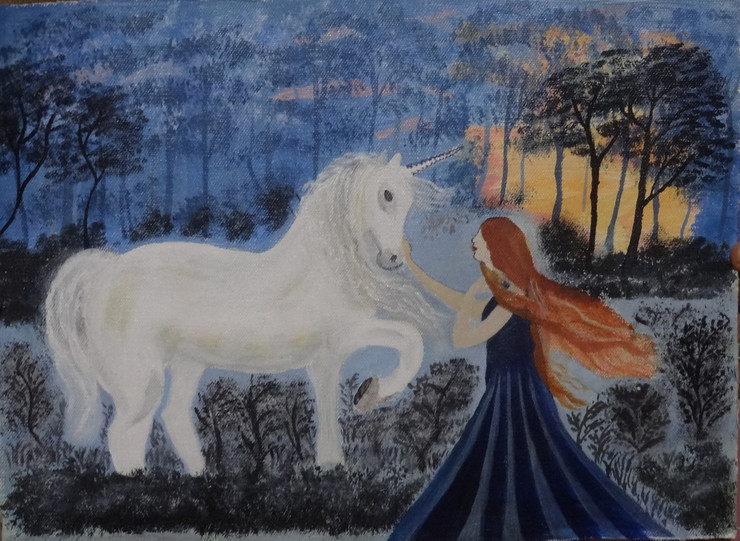 one horn horse, lucky horse, beautiful girl in forest,one horn lucky horse in forest,ART_1526_12277,Artist : Ritu Purey,Acrylic