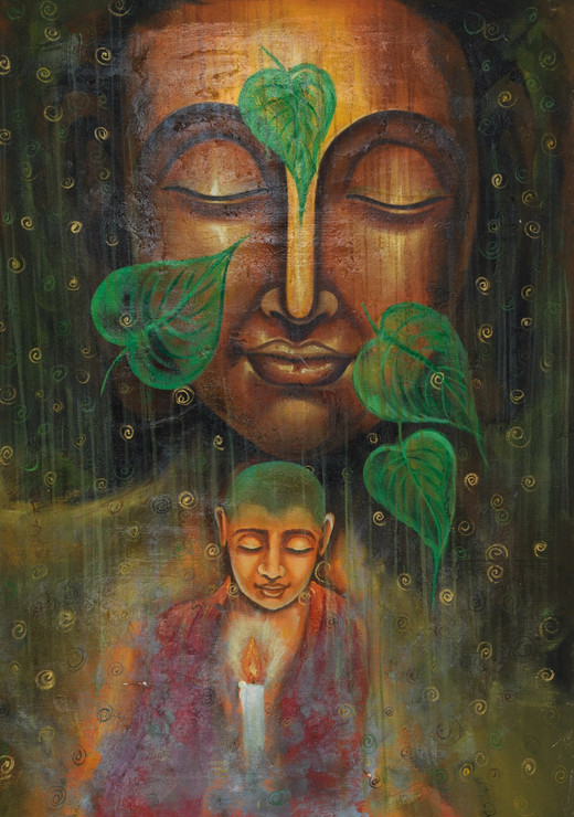 Buddha paintings,peaceful buddha,calm buddha,kind buddha,buddha with leaves paintings,Calm Buddha with Green Leaves ,FR_1523_12390,Artist : Community Artists Group,Acrylic