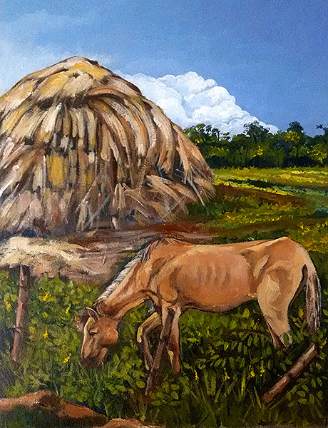 Horse, Farm, Barn, Landscape ,The Horse,ART_1024_3725,Artist : Manas Adhikari,Acrylic