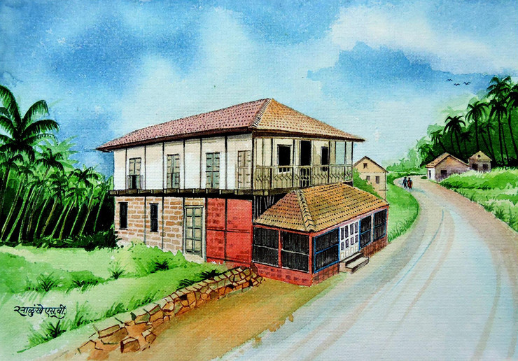 Kokan, Konkan Kinara, Landscape, beautiful Landscape, Nature, Beautiful Painting, village, old house,Kokan Safari,ART_1536_12353,Artist : Santosh Salunkhe,Water Colors