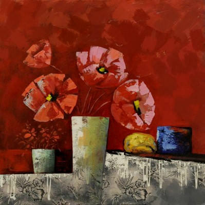 StillLifeVase3 - 28in X 28in (Framed),28Flower147_FRM_2424,Canvas,Oil Colors,Flower Vase,Red Background,Red, Pink, Orange,60X60 Size,Flowers, Animals, Nature Art Canvas Painting Buy canvas art painting online for sale by fizdi.com in India