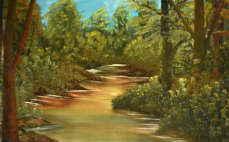 forest, river, oil painting, landscape,Lake Side Forest,ART_976_2578,Artist : Goutami Mishra,Oil