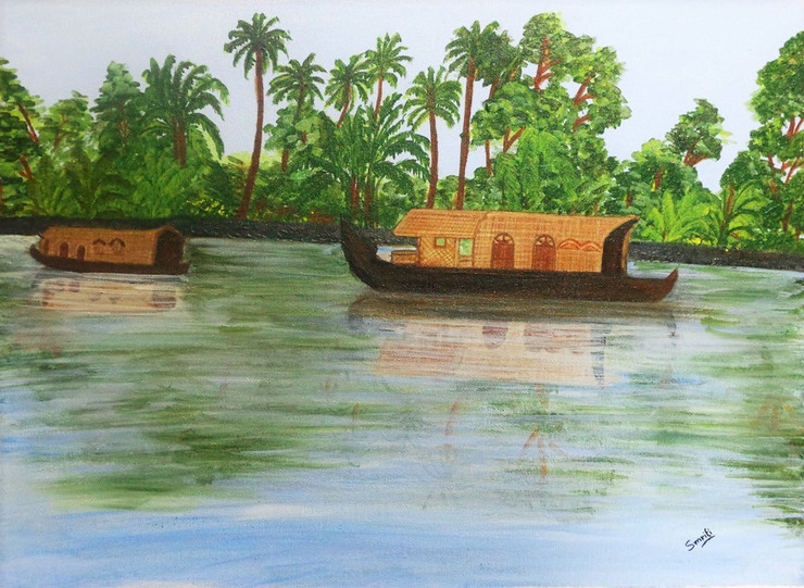 Houseboat, Backwaters,Backwaters,ART_782_13629,Artist : SMRITI CHAURASIA,Acrylic