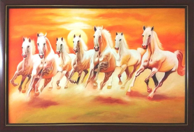 horses, sun, running horses, 7 horses, landscape, sun set, white horses,7 Horses,ART_1638_13673,Artist : Vaishali Goel,Oil