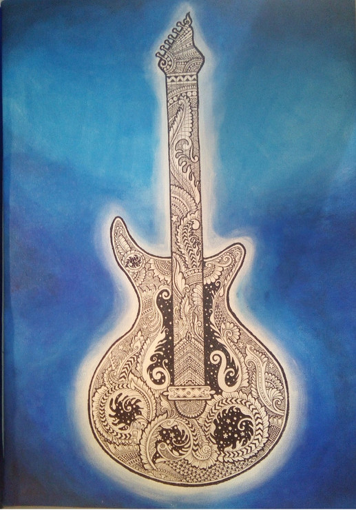 Unique, Free bird, bird, Ultramarine blue, Zentangle art, Doodle art, golden cage, fine work, pen work, famous, incredible, beautiful,Zentangle Guitar,ART_1245_13790,Artist : Shubhangi Khot,Acrylic