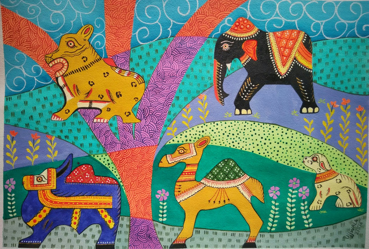 ,tribal art-Animals,ART_1243_13828,Artist : Ujwala Chavan,Acrylic