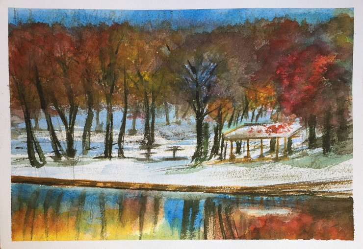 Forest, Snow, Red, Yellow, Orange, Reflections, Fall, Autumn, Color,Reflections,ART_1684_13898,Artist : Sandeep Pranoy,Water Colors