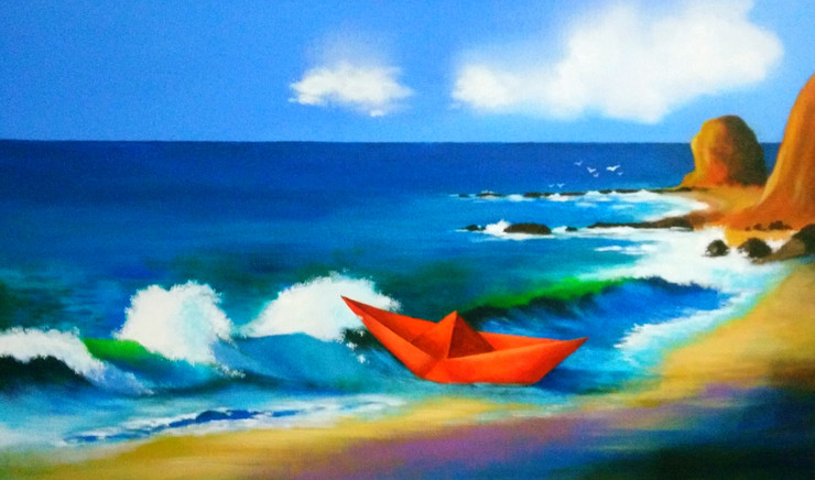 Seascape, Nature, Journey, waves,Voyage Of Paper Boat,ART_1725_14165,Artist : SANTANU MAITY,Acrylic