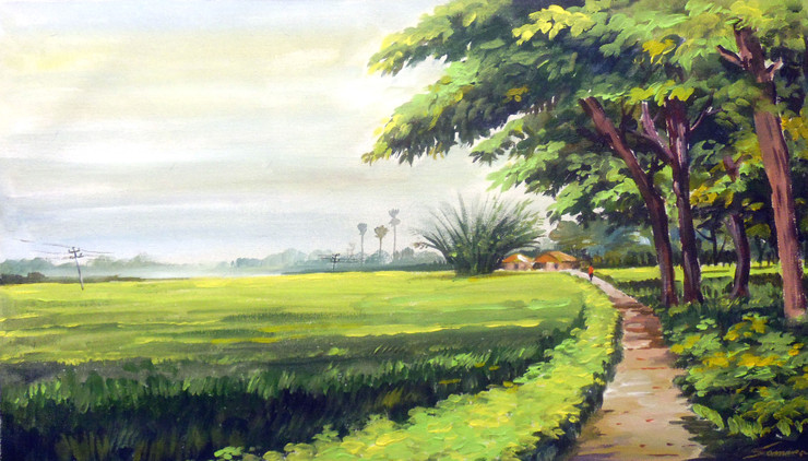 Beauty Of Bengal Village Landscape (ART_1232_14198) - Handpainted Art Painting - 27 in X 16in