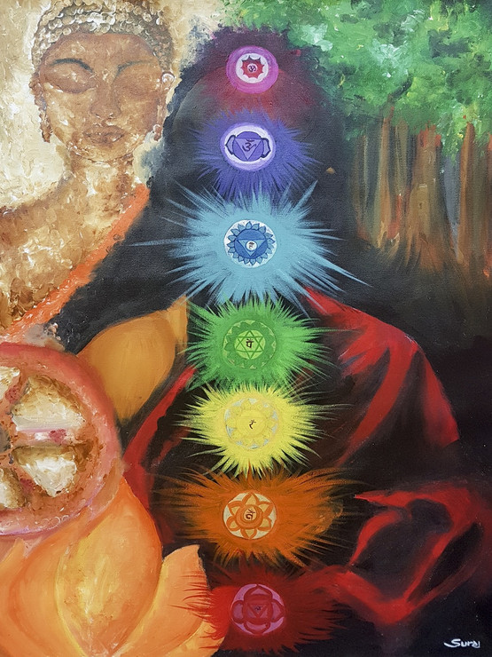 buddha, monk, peace, lotus,  chakra ,ENLIGHTENMENT OF HUMAN ,ART_1734_14242,Artist : Suraj Prajapati,Acrylic