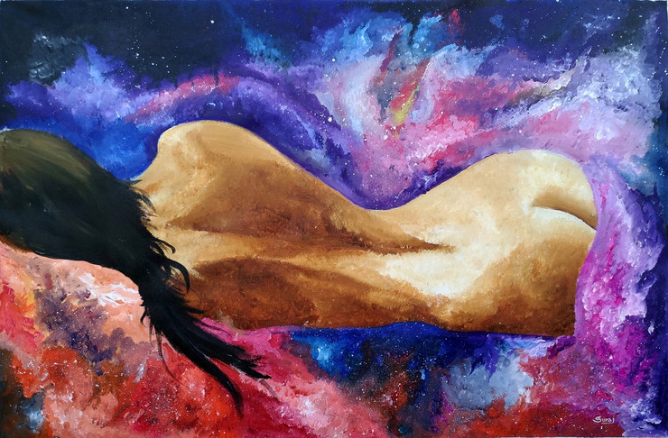 lady, universe, space, love, sleep, colorfull,sleeping in universe ,ART_1734_14260,Artist : Suraj Prajapati,Acrylic