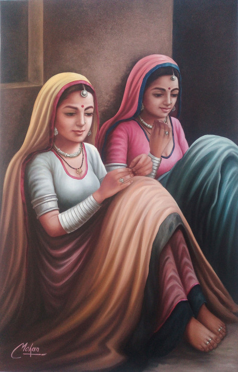 rajasthani, lady,Two Lady,ART_1090_14418,Artist : Mohan Verma,Oil