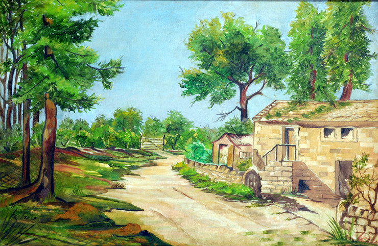 Nature, Farmhouse, Morning, Village, House, Path, Road, Way, Hut, Tree, Landscape, Greenery, Bushes,Country House,ART_1688_14398,Artist : ANJU AGRAWAL,Oil