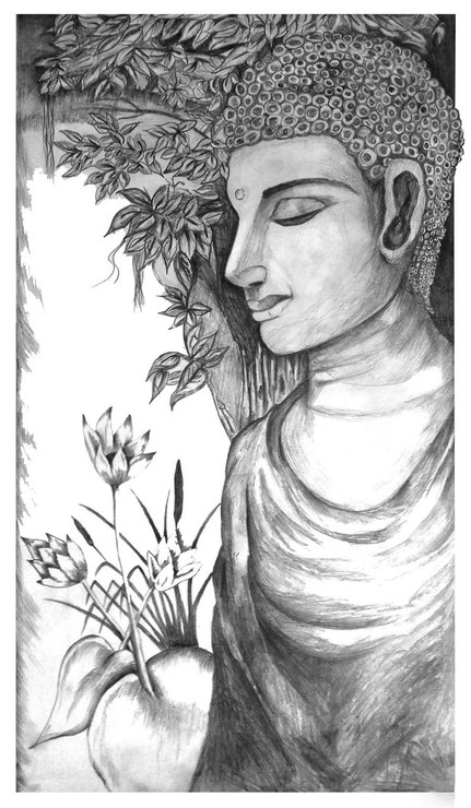 Buddha,Buddha with flowers,ART_1739_14381,Artist : Ravi Borade,Pencil