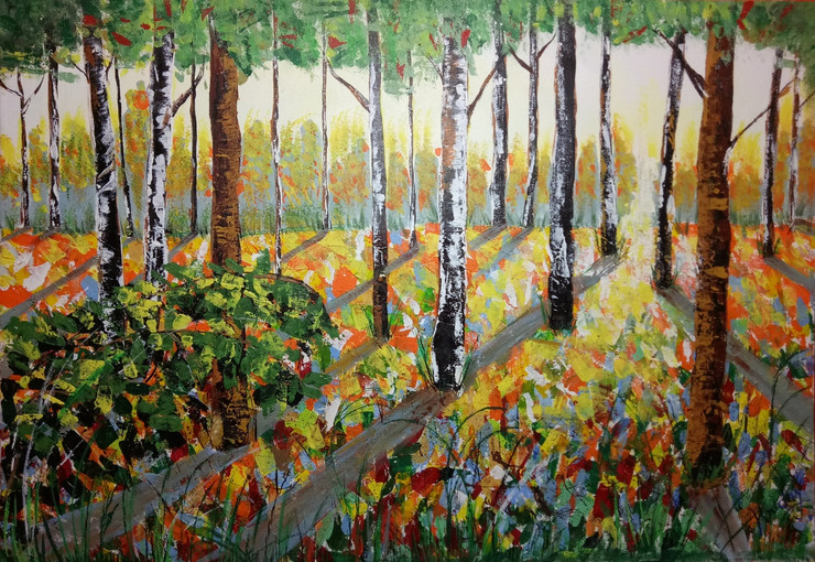 Forest, land scape, Sunrise,Nature, Tree,Beauty Of Forest,ART_1648_14356,Artist : HRIDAY DAS,Acrylic