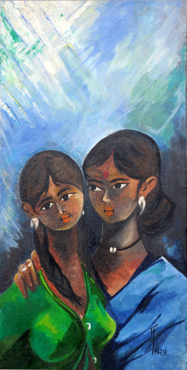 Women, Girls, Indian, Mother, Daughter, Bond, Family,Mother and Daughter,ART_1688_13924,Artist : ANJU AGRAWAL,Oil