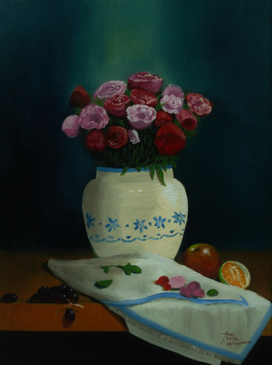 roses, vase, still life, fruits,Still Life with Vase Roses and Fruits,ART_1442_12218,Artist : Arun Akella,Oil