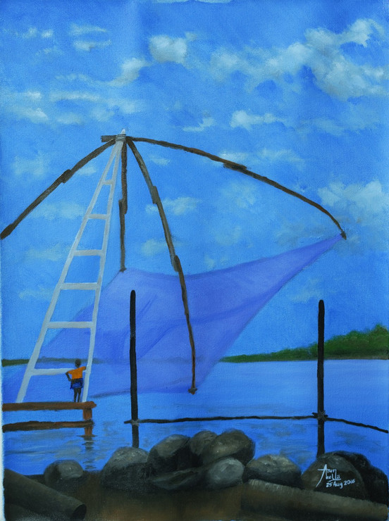 kochi, seascape, fishing, blue,Kochi Chinese Fishing Net,ART_1442_11915,Artist : Arun Akella,Oil