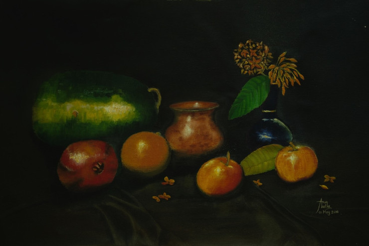 Fruits, still life, flowers, atmosphere,Copper Jar with Fruits and Flowers- Still Life,ART_1442_11884,Artist : Arun Akella,Oil