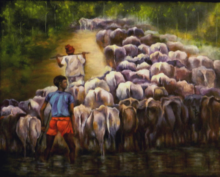 At the River Bank - 30in X 24in (Border Framed),ART_KISL4_3024,Acrylic Colors,Artist Kakali Sanyal,Cow,Farmers,Cow at River,Museum Quality - 100% Hand painted - Buy Online Painting in India