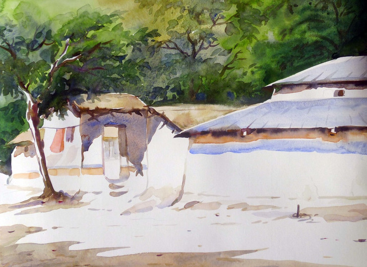 village,bengal,watercolor landscape,painting,paper,rural,hut,Morning Rural Bengal Village,ART_1232_15749,Artist : SAMIRAN SARKAR,Water Colors