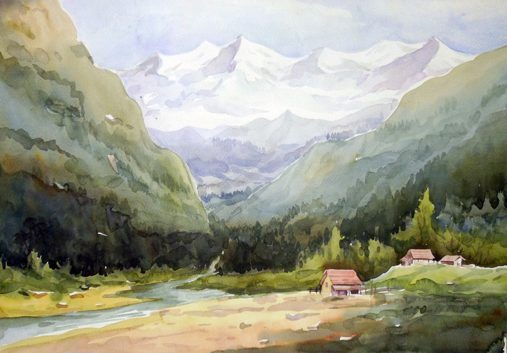 watercolor,landscape,mountain,Himalaya,paper,Himalaya Mountain Landscape,ART_1232_15746,Artist : SAMIRAN SARKAR,Water Colors