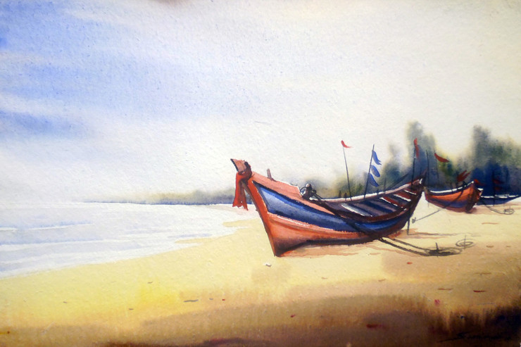 fishing boat,watercolor,landscape,painting,paper,,Fishing Boats at Seashore,ART_1232_15743,Artist : SAMIRAN SARKAR,Water Colors