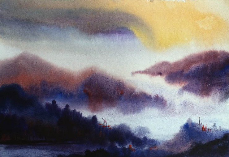 mountian,landscape,watercolor,paper,evening,nature,Himalaya,Mystery Morning Himalaya,ART_1232_15801,Artist : SAMIRAN SARKAR,Water Colors