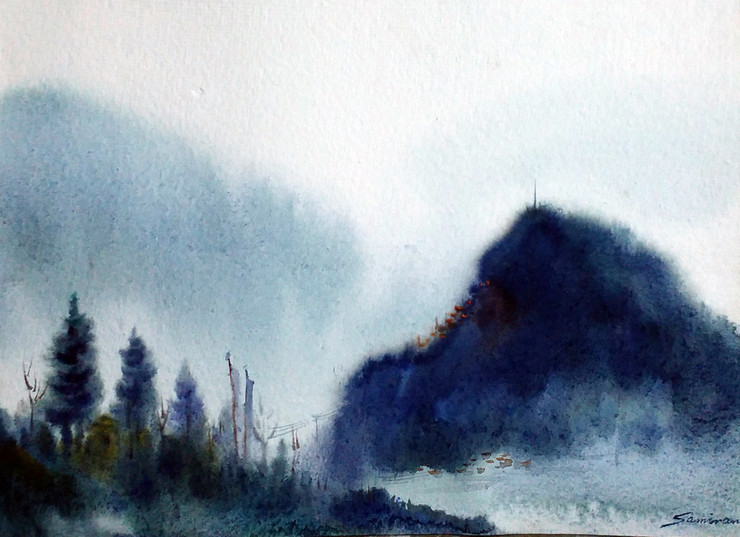 mountian,landscape,watercolor,paper,evening,nature,Himalaya,Mystery Himalaya,ART_1232_15799,Artist : SAMIRAN SARKAR,Water Colors