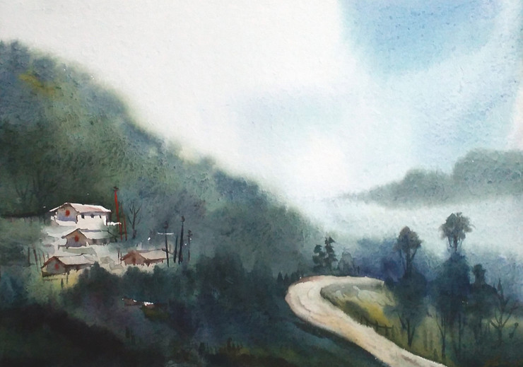 watercolor , himlaya,mountain,monestry,landscape,nature,Mystery Himalaya,ART_1232_15798,Artist : SAMIRAN SARKAR,Water Colors
