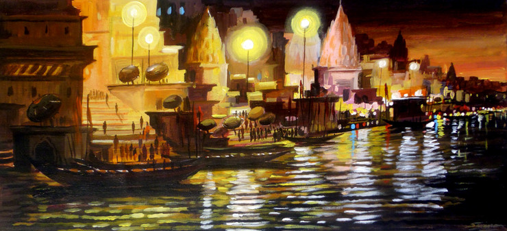 Varanasi Ghat at Night (ART_1232_15788) - Handpainted Art Painting - 31in X 14in