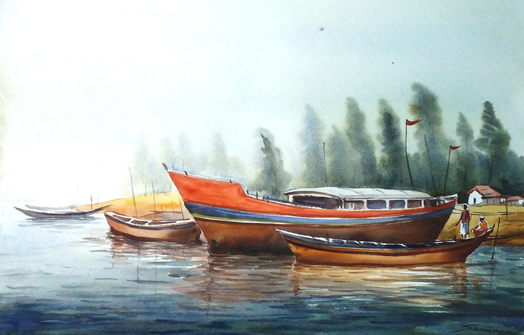 boat,watercolor,painting,landscape,sea,river,village,rural,Boats,ART_1232_15805,Artist : SAMIRAN SARKAR,Water Colors