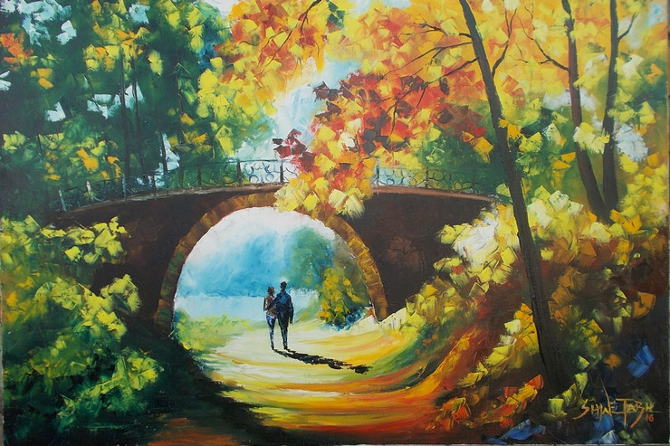 couple, romance, spring, colourful, bridge, trees, abstraction, way, path,Romantic Couple in Spring,ART_1940_15993,Artist : Shwetabh Suman,Oil