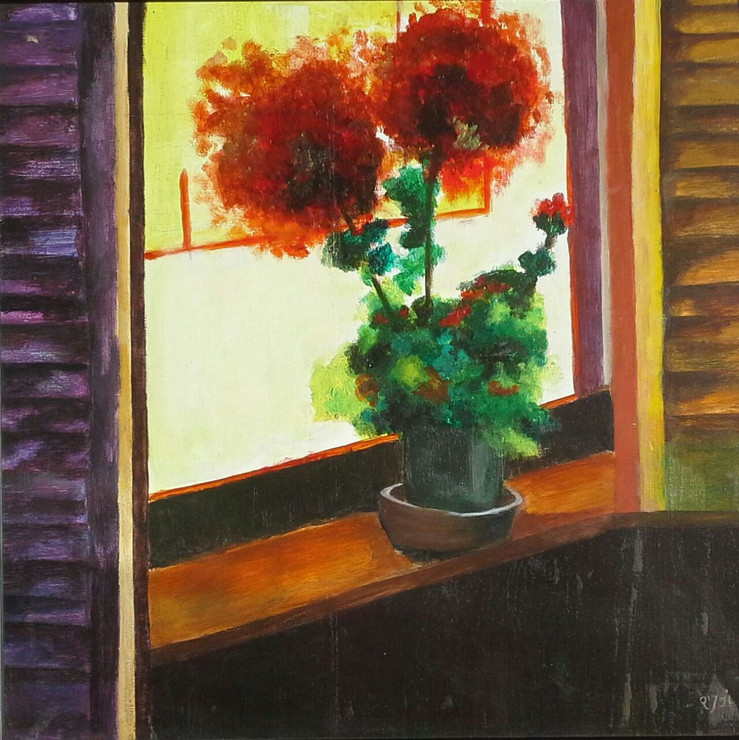 window, still life, colorful, painting, flower,Still life,ART_1948_16162,Artist : Rajwant Kaur,Acrylic