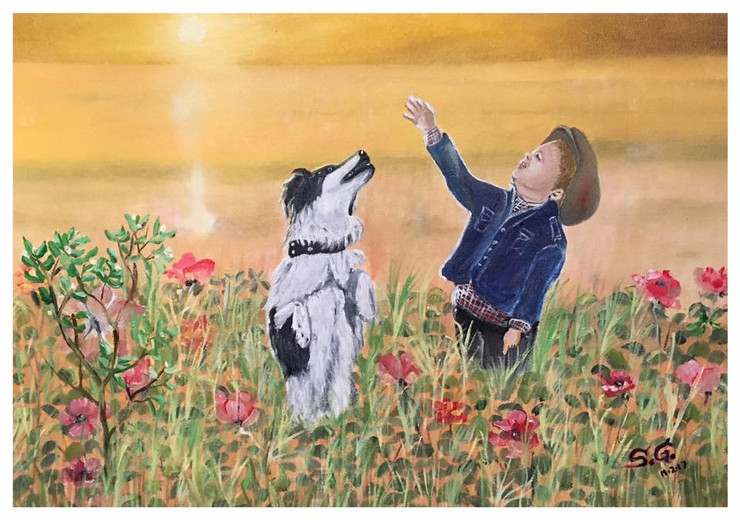 Dog, Boy, ,Friendship forever,ART_168_16401,Artist : Subhash Gijare,Oil