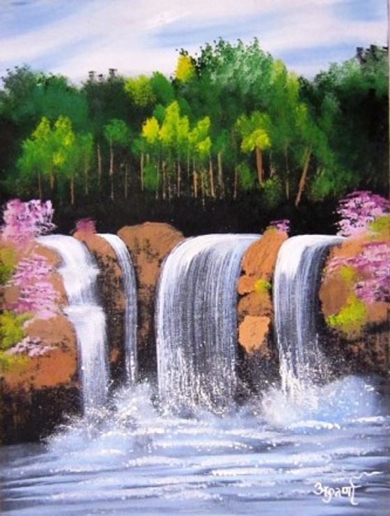 Waterfall1 - 12in  X 16in(Canvas Board),ART_AAWE17_1216,Nature,Artist Aparna Warade,Oil colors,Museum Quality - 100% Handpainted - Buy Painting online in India.