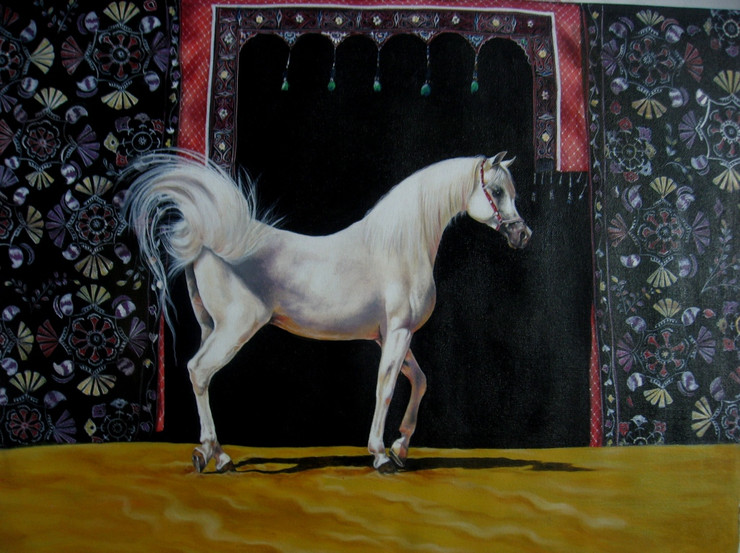white, arabian, horse, tent, bedouin, desert,Arabian Tail,ART_2078_16785,Artist : Yashowar Verma,Oil