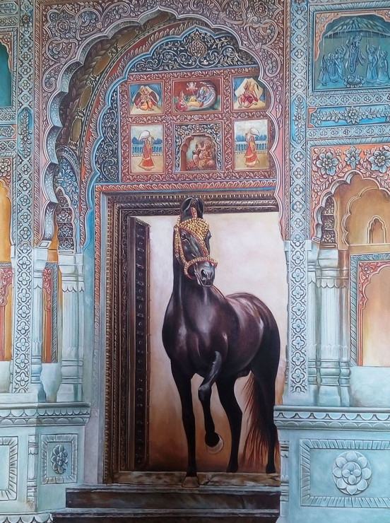 marwari, horse, rajasthani, ornate, gate, goldfoil, work, embossed,Marwari Stud,ART_2078_16694,Artist : Yashowar Verma,Oil